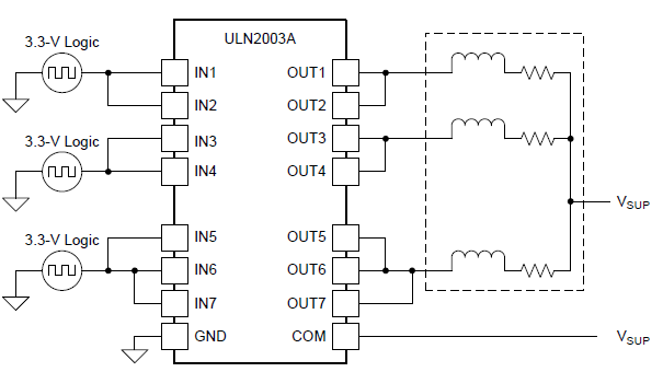 Схема включения ULN2003A для управления индуктивной нагрузкой